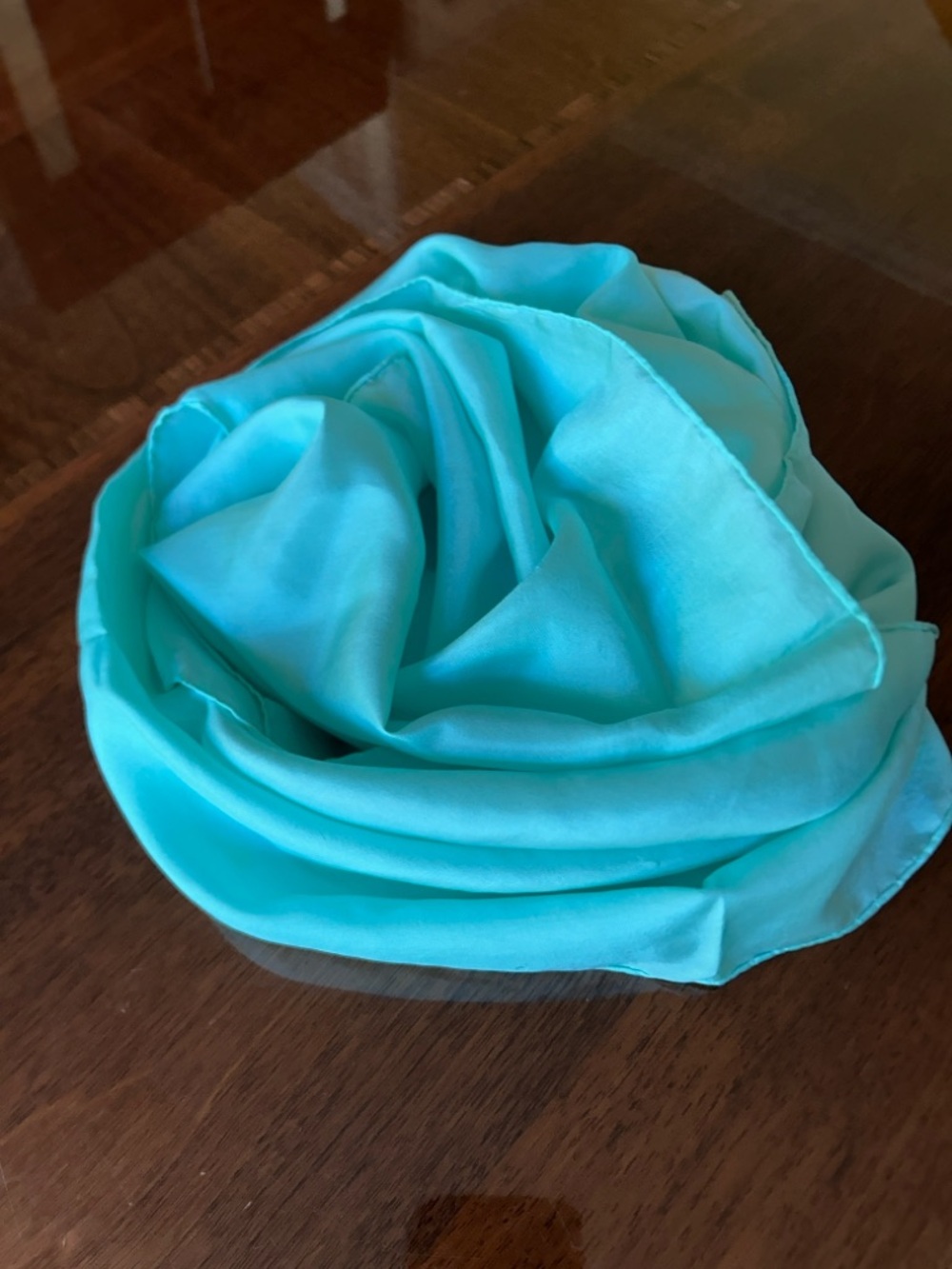 Turquoise Blue Lightweight Scarf 11“ x 59“ hand rolled silk vintage